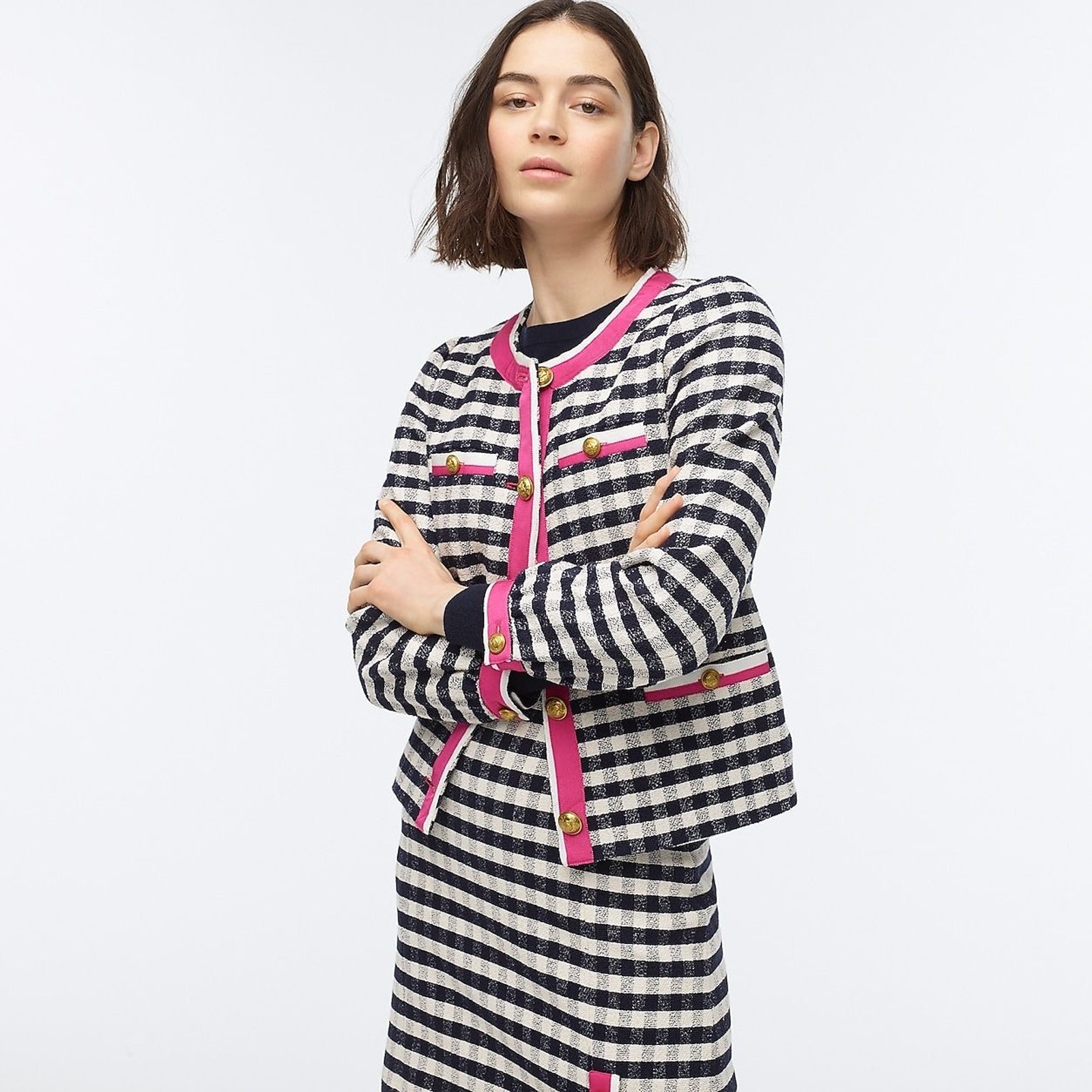 J. Crew Black And White Checkered Blazer With Pink Accents